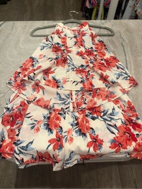 Floral Halter Top and Shorts Set in White with Coral & Navy Print